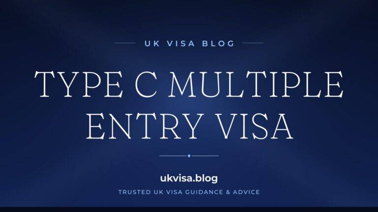 Home 10 UK Visa Blog featured image — "Type C Multiple Entry Visa" in white serif type on a navy blue background with Union Jack light beams
