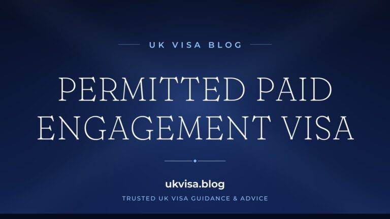 Home 11 UK Visa Blog featured image — "Permitted Paid Engagement Visa" in white serif type on a navy blue background with Union Jack light beams