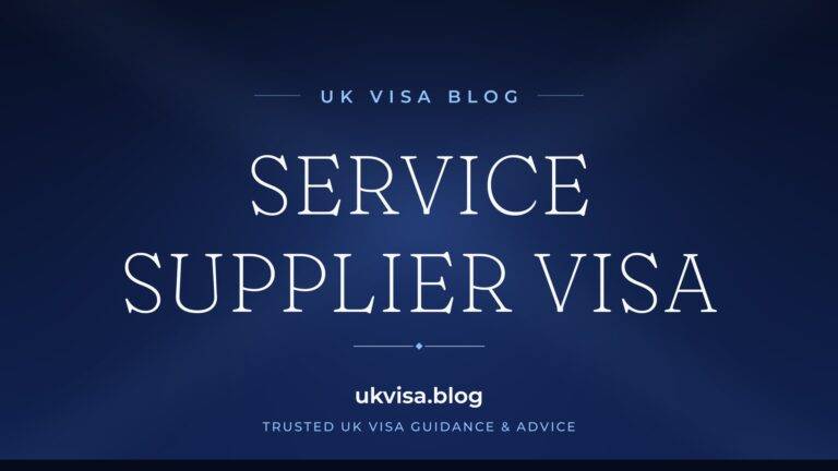 Home 2 UK Visa Blog featured image — "Service Supplier Visa" in white serif type on a navy blue background with Union Jack light beams