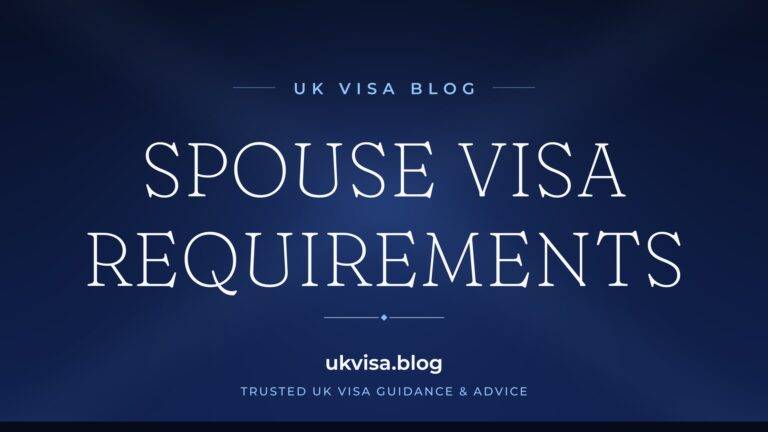 Home 7 UK Visa Blog featured image — "Spouse Visa Requirements" in white serif type on a navy blue background with Union Jack light beams