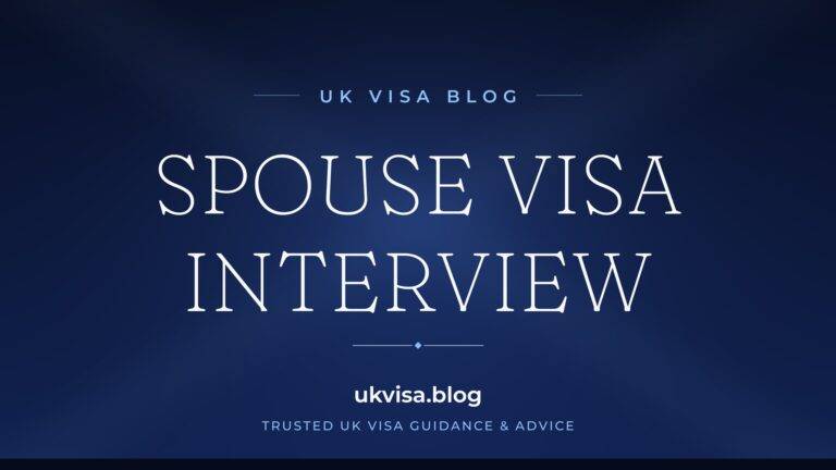 Home 4 UK Visa Blog featured image — "Spouse Visa Interview" in white serif type on a navy blue background with Union Jack light beams
