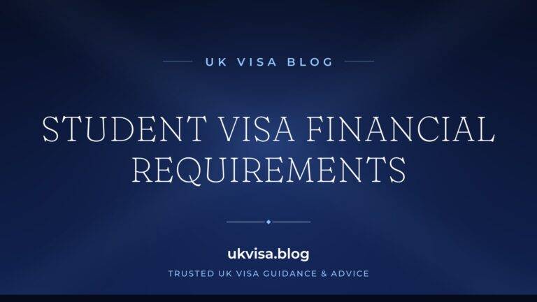 Home 12 UK Visa Blog featured image — "Student Visa Financial Requirements" in white serif type on a navy blue background with Union Jack light beams