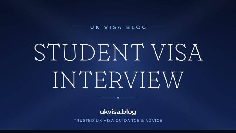 Home 12 UK Visa Blog featured image — "Student Visa Interview" in white serif type on a navy blue background with Union Jack light beams