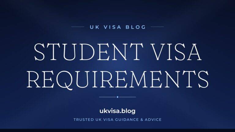 Home 13 UK Visa Blog featured image — "Student Visa Requirements" in white serif type on a navy blue background with Union Jack light beams