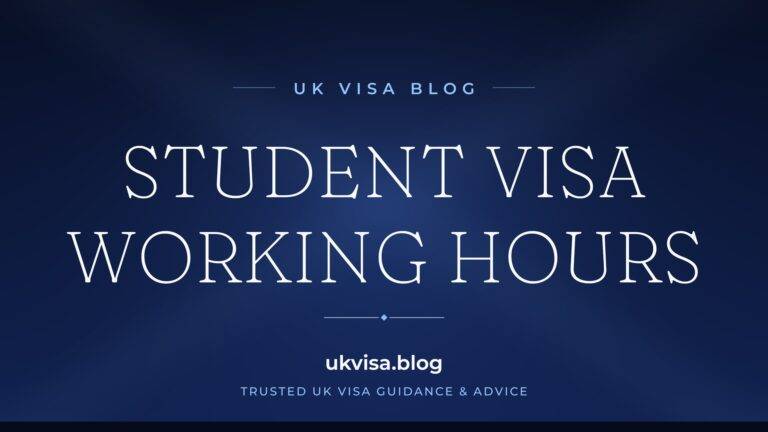 Home 12 UK Visa Blog featured image — "Student Visa Working Hours" in white serif type on a navy blue background with Union Jack light beams