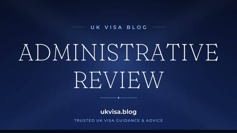 Home 3 UK Visa Blog featured image — "Administrative Review" in white serif type on a navy blue background with Union Jack light beams