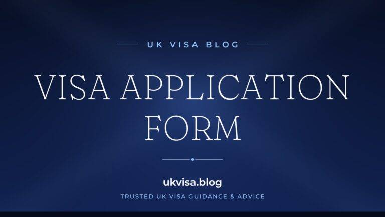 Home 11 UK Visa Blog featured image — "Visa Application Form" in white serif type on a navy blue background with Union Jack light beams