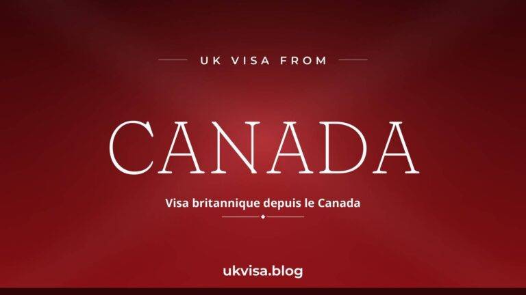 Home 12 UK visa from Canada featured image — Canada in white serif type with the French line "Visa britannique depuis le Canada" on a dark red national-colour background