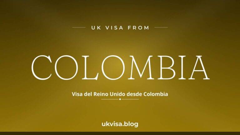 Home 11 UK visa from Colombia featured image — Colombia in white serif type with the Spanish line "Visa del Reino Unido desde Colombia" on a dark yellow national-colour background