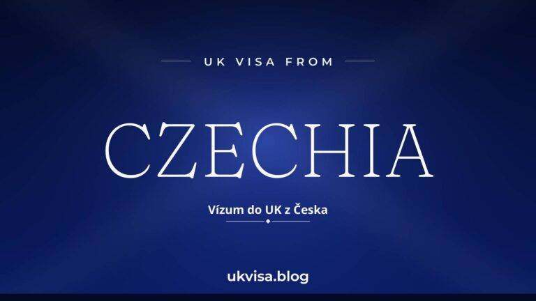 Home 13 UK visa from Czechia featured image — Czechia in white serif type with the Czech line "Vízum do UK z Česka" on a dark blue national-colour background