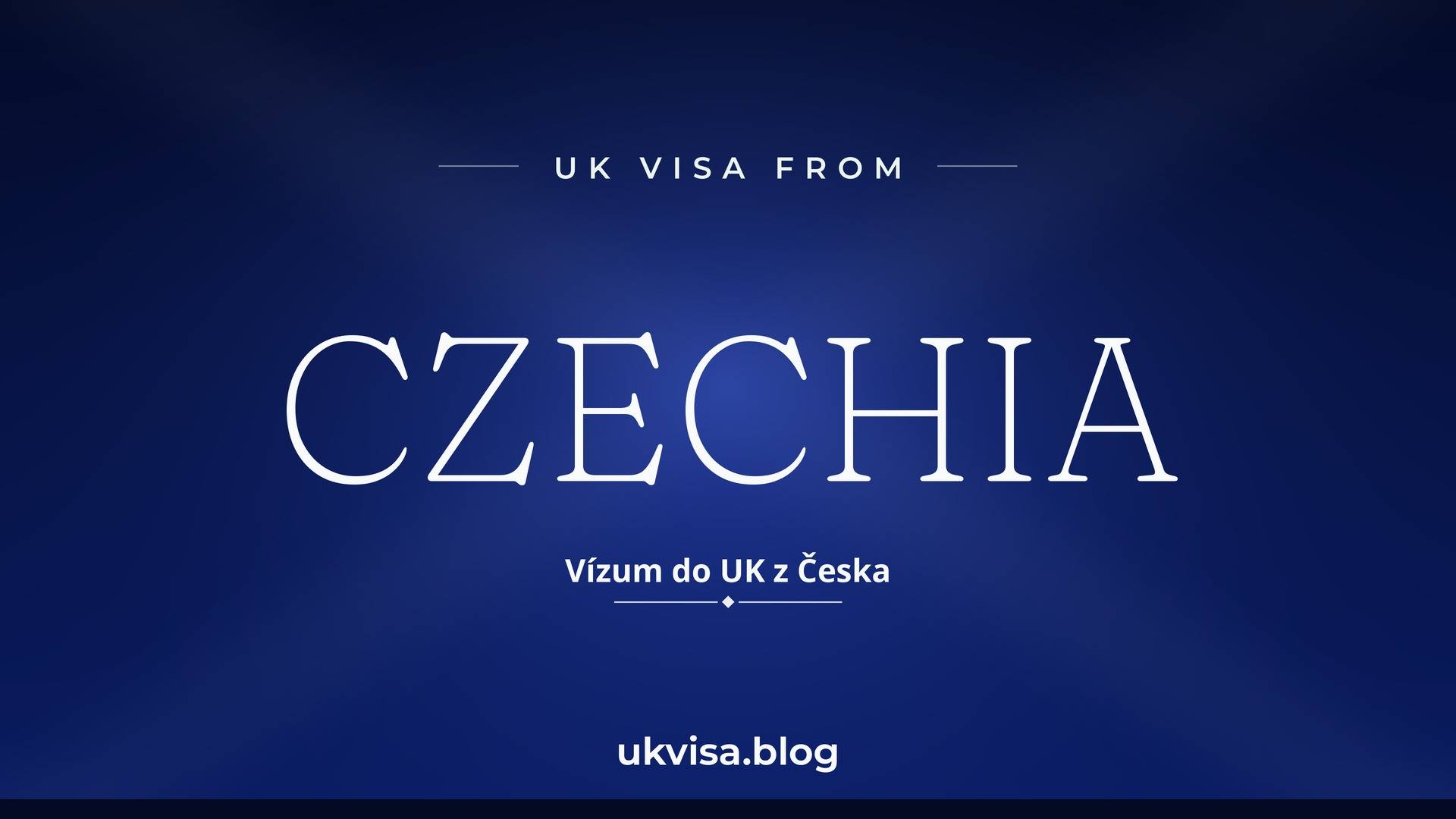 UK visa from Czechia featured image — Czechia in white serif type with the Czech line "Vízum do UK z Česka" on a dark blue national-colour background
