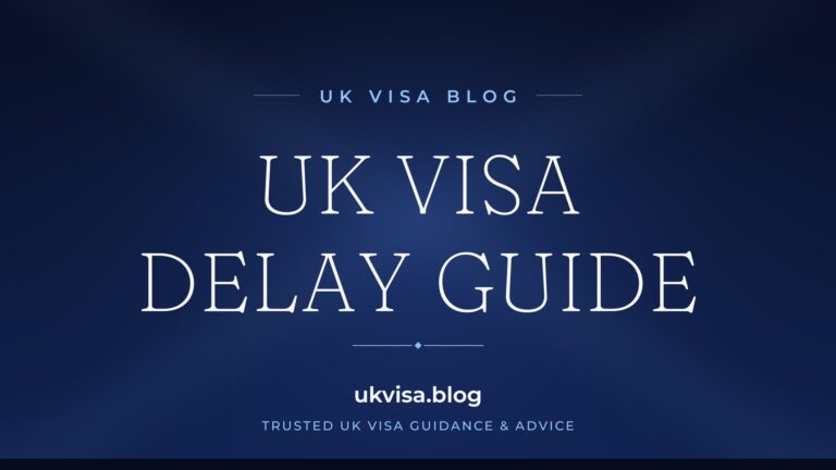 Home 7 UK Visa Blog featured image — "UK Visa Delay Guide" in white serif type on a navy blue background with Union Jack light beams
