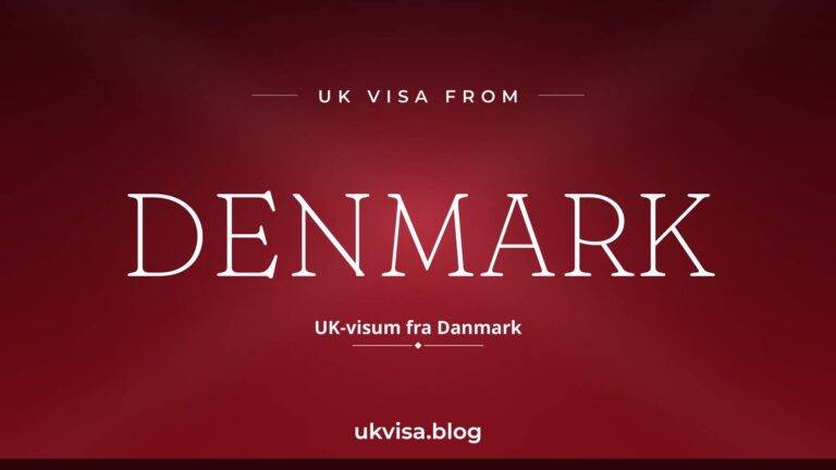 Home 9 UK visa from Denmark featured image — Denmark in white serif type with the Danish line "UK-visum fra Danmark" on a dark red national-colour background