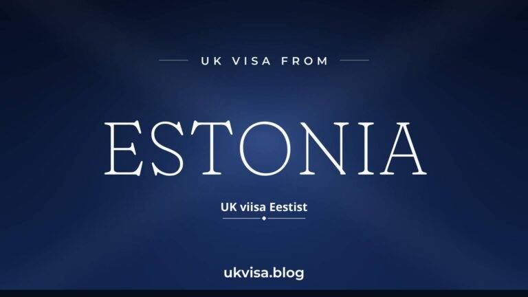 Home 6 UK visa from Estonia featured image — Estonia in white serif type with the Estonian line "UK viisa Eestist" on a dark blue national-colour background