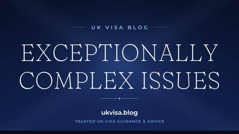 Home 7 UK Visa Blog featured image — "Exceptionally Complex Issues" in white serif type on a navy blue background with Union Jack light beams