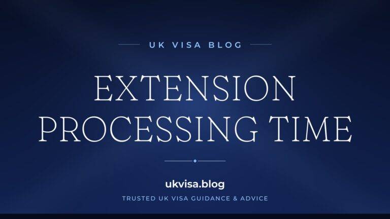 UK Visa Blog featured image — "Extension Processing Time" in white serif type on a navy blue background with Union Jack light beams