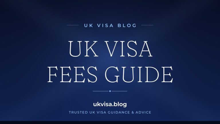 Home 8 UK Visa Blog featured image — "UK Visa Fees Guide" in white serif type on a navy blue background with Union Jack light beams