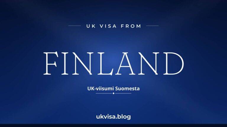 Home 7 UK visa from Finland featured image — Finland in white serif type with the Finnish line "UK-viisumi Suomesta" on a dark blue national-colour background
