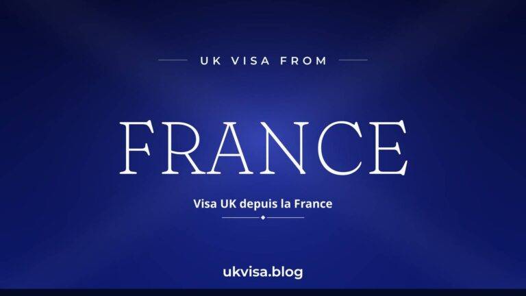 Home 9 UK visa from France featured image — France in white serif type with the French line "Visa UK depuis la France" on a dark blue national-colour background