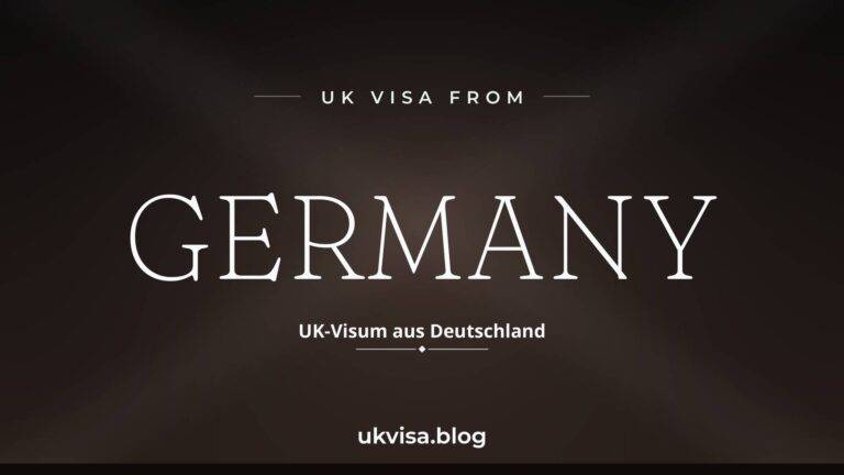 UK visa from Germany featured image — Germany in white serif type with the German line "UK-Visum aus Deutschland" on a dark black national-colour background