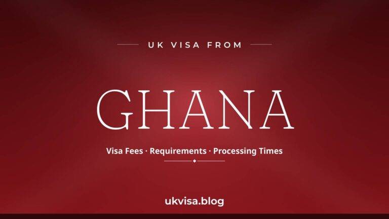 Home 9 UK visa from Ghana featured image — Ghana in white serif type with "Visa Fees · Requirements · Processing Times" on a dark red national-colour background