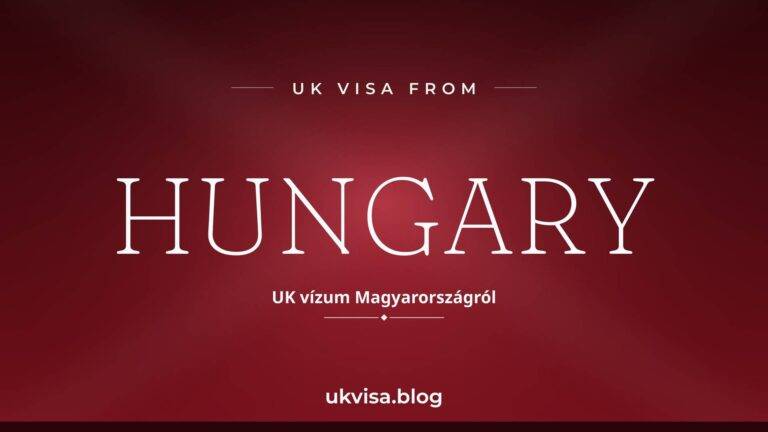 Home 11 UK visa from Hungary featured image — Hungary in white serif type with the Hungarian line "UK vízum Magyarországról" on a dark red national-colour background