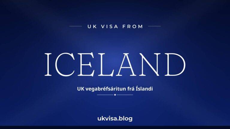Home 6 UK visa from Iceland featured image — Iceland in white serif type with the Icelandic line "UK vegabréfsáritun frá Íslandi" on a dark blue national-colour background