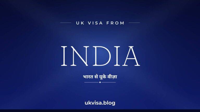 Home 4 UK visa from India featured image — India in white serif type with the Hindi line "भारत से यूके वीज़ा" on a dark blue national-colour background