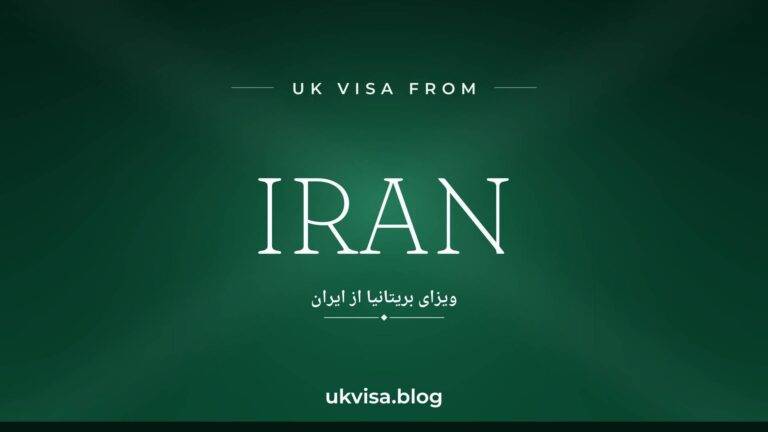 Home 13 UK visa from Iran featured image — Iran in white serif type with the Farsi line "ویزای بریتانیا از ایران" on a dark green national-colour background