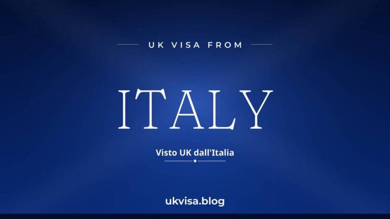 Home 3 UK visa from Italy featured image — Italy in white serif type with the Italian line "Visto UK dall'Italia" on a dark azzurro blue national-colour background
