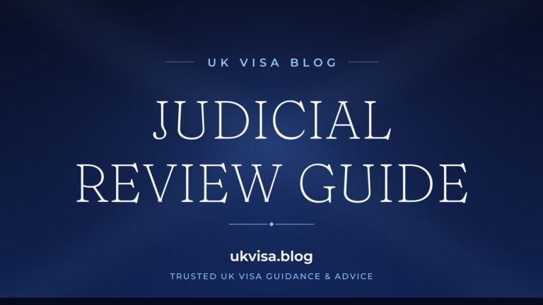 Home 10 UK Visa Blog featured image — "Judicial Review Guide" in white serif type on a navy blue background with Union Jack light beams