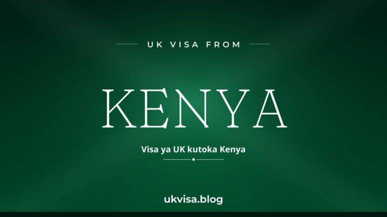 Home 6 UK visa from Kenya featured image — Kenya in white serif type with the Swahili line "Visa ya UK kutoka Kenya" on a dark green national-colour background