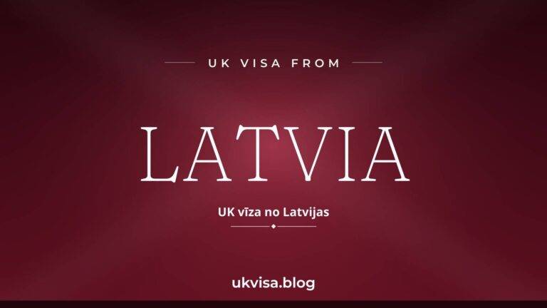Home 7 UK visa from Latvia featured image — Latvia in white serif type with the Latvian line "UK vīza no Latvijas" on a dark carmine national-colour background