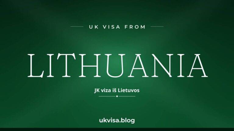 Home 8 UK visa from Lithuania featured image — Lithuania in white serif type with the Lithuanian line "JK viza iš Lietuvos" on a dark green national-colour background
