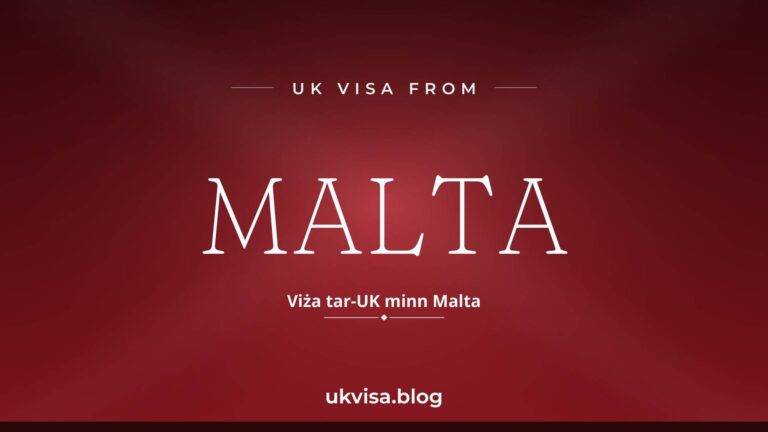 Home 4 UK visa from Malta featured image — Malta in white serif type with the Maltese line "Viża tar-UK minn Malta" on a dark red national-colour background