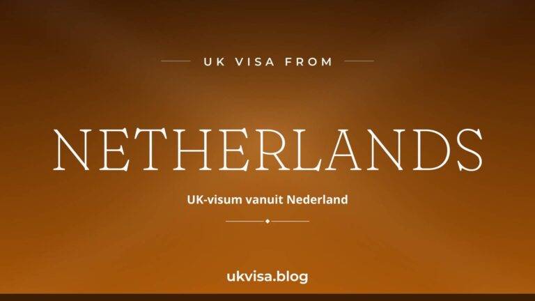 UK visa from Netherlands featured image — Netherlands in white serif type with the Dutch line "UK-visum vanuit Nederland" on a dark orange national-colour background