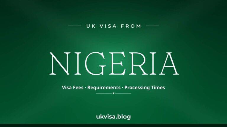 Home 5 UK visa from Nigeria featured image — Nigeria in white serif type with "Visa Fees · Requirements · Processing Times" on a dark green national-colour background