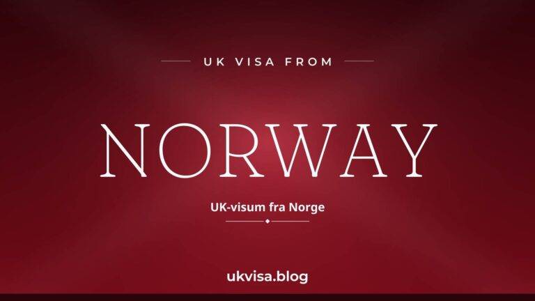 Home 8 UK visa from Norway featured image — Norway in white serif type with the Norwegian line "UK-visum fra Norge" on a dark red national-colour background
