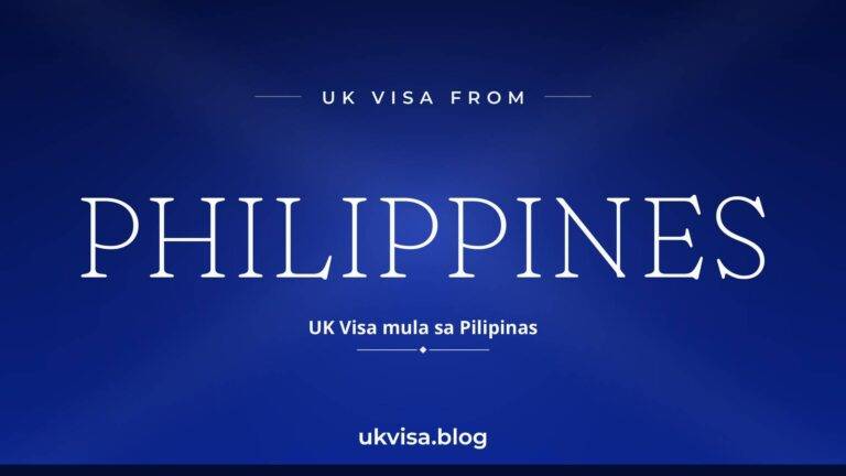 UK visa from Philippines featured image — Philippines in white serif type with the Tagalog line "UK Visa mula sa Pilipinas" on a dark royal blue national-colour background