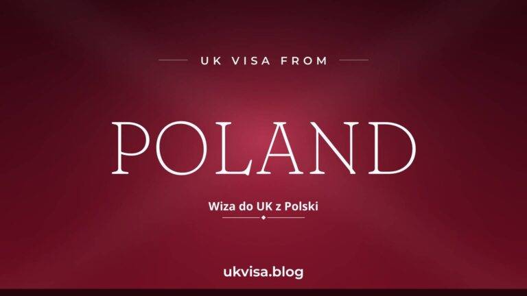 Home 6 UK visa from Poland featured image — Poland in white serif type with the Polish line "Wiza do UK z Polski" on a dark crimson national-colour background