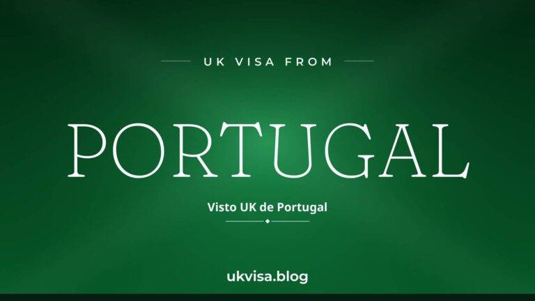 UK visa from Portugal featured image — Portugal in white serif type with the Portuguese line "Visto UK de Portugal" on a dark green national-colour background