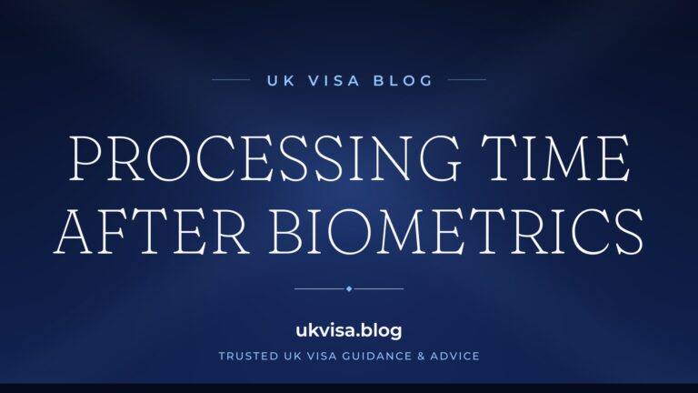 Home 10 UK Visa Blog featured image — "Processing Time After Biometrics" in white serif type on a navy blue background with Union Jack light beams