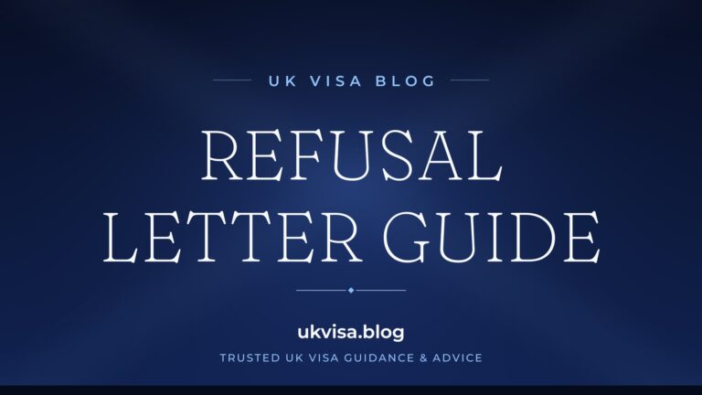 Home 5 UK Visa Blog featured image — "Refusal Letter Guide" in white serif type on a navy blue background with Union Jack light beams
