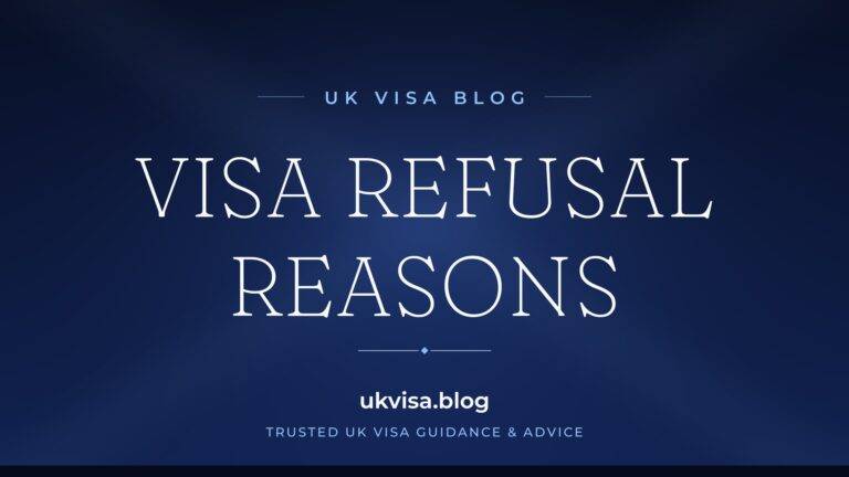 UK Visa Blog featured image — "Visa Refusal Reasons" in white serif type on a navy blue background with Union Jack light beams
