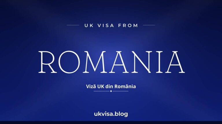 Home 4 UK visa from Romania featured image — Romania in white serif type with the Romanian line "Viză UK din România" on a dark blue national-colour background
