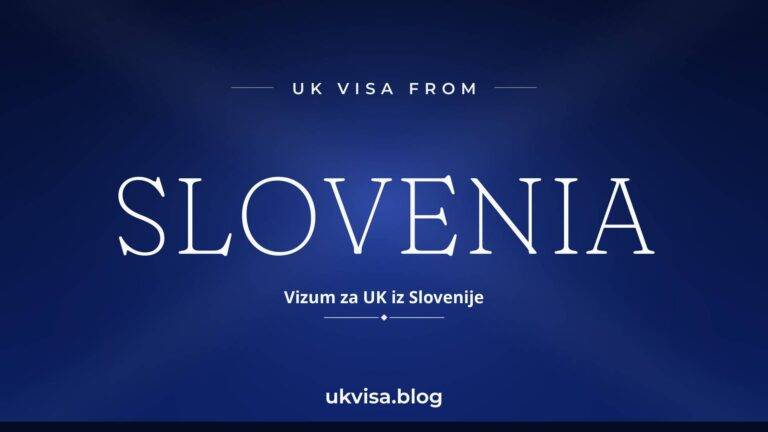 Home 10 UK visa from Slovenia featured image — Slovenia in white serif type with the Slovenian line "Vizum za UK iz Slovenije" on a dark blue national-colour background
