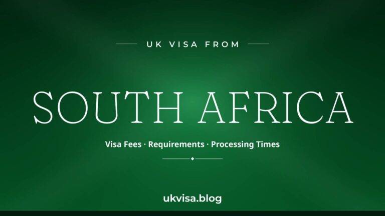 UK visa from South Africa featured image — South Africa in white serif type with "Visa Fees · Requirements · Processing Times" on a dark green national-colour background