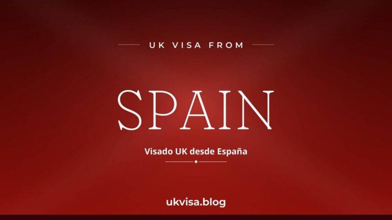Home 2 UK visa from Spain featured image — Spain in white serif type with the Spanish line "Visado UK desde España" on a dark red national-colour background