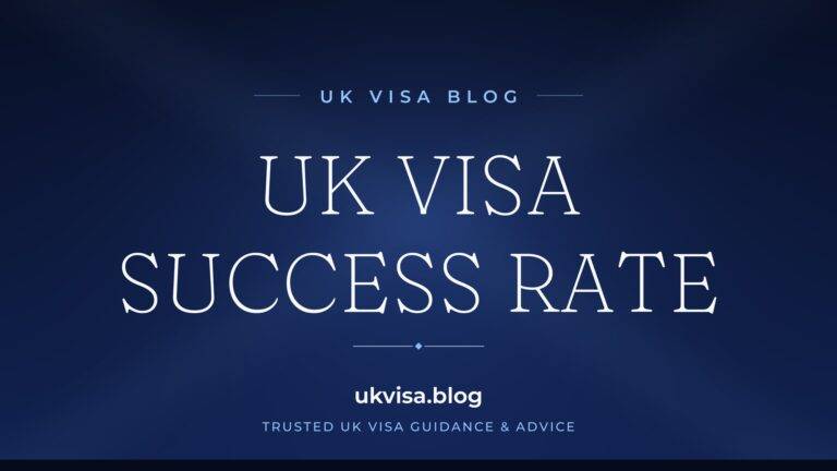 Home 13 UK Visa Blog featured image — "UK Visa Success Rate" in white serif type on a navy blue background with Union Jack light beams