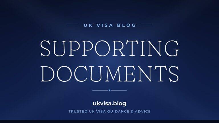 Home 4 UK Visa Blog featured image — "Supporting Documents" in white serif type on a navy blue background with Union Jack light beams